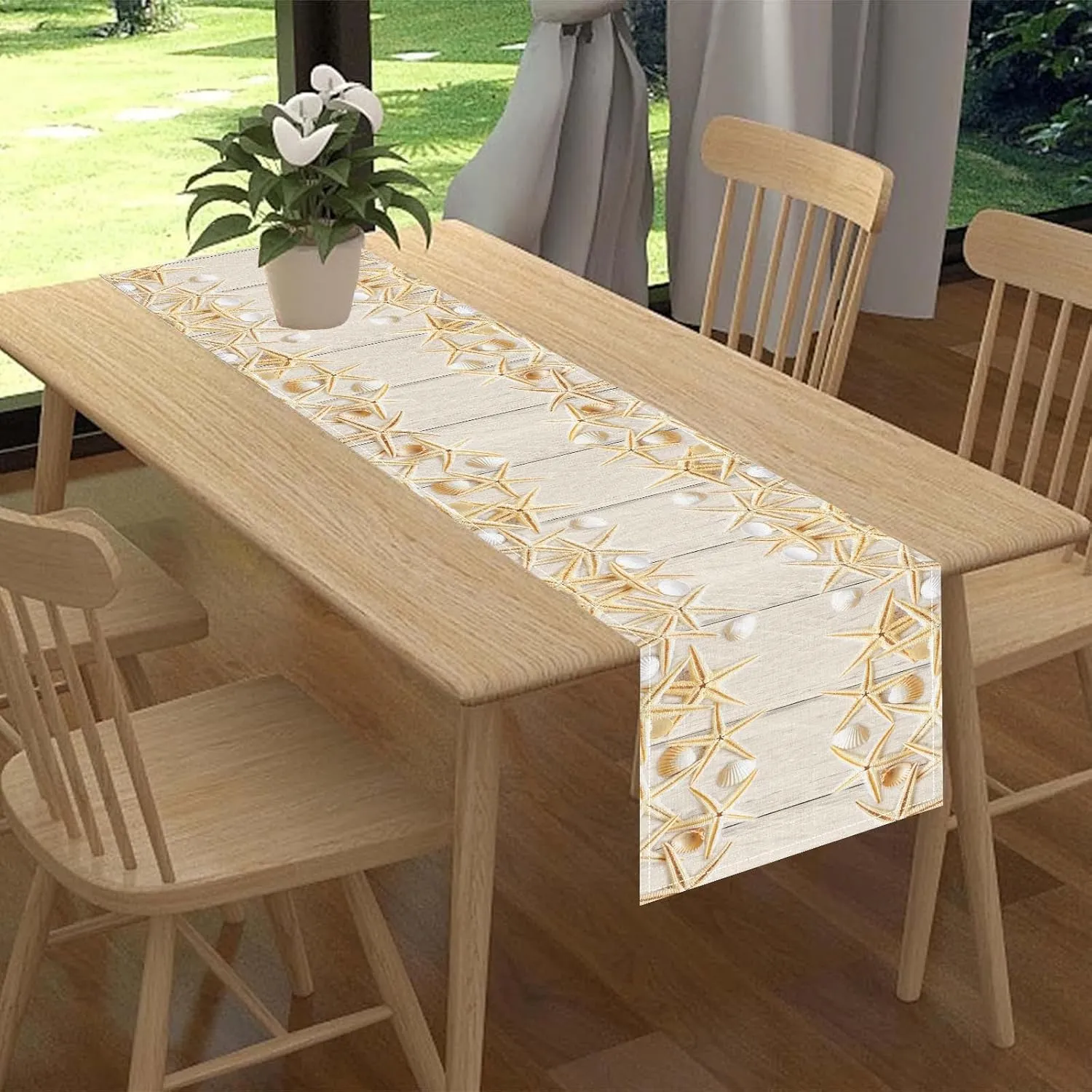 Summer Table Runner, Rustic Wood Plank Beach Starfish Seashells Coastal Nautical Tropical Ocean Farmhouse Table Center Decor for Home Kitchen Dining Patio Indoor Outdoor Decorations, 13"x72" Inch