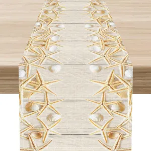 Summer Table Runner, Rustic Wood Plank Beach Starfish Seashells Coastal Nautical Tropical Ocean Farmhouse Table Center Decor for Home Kitchen Dining Patio Indoor Outdoor Decorations, 13"x72" Inch