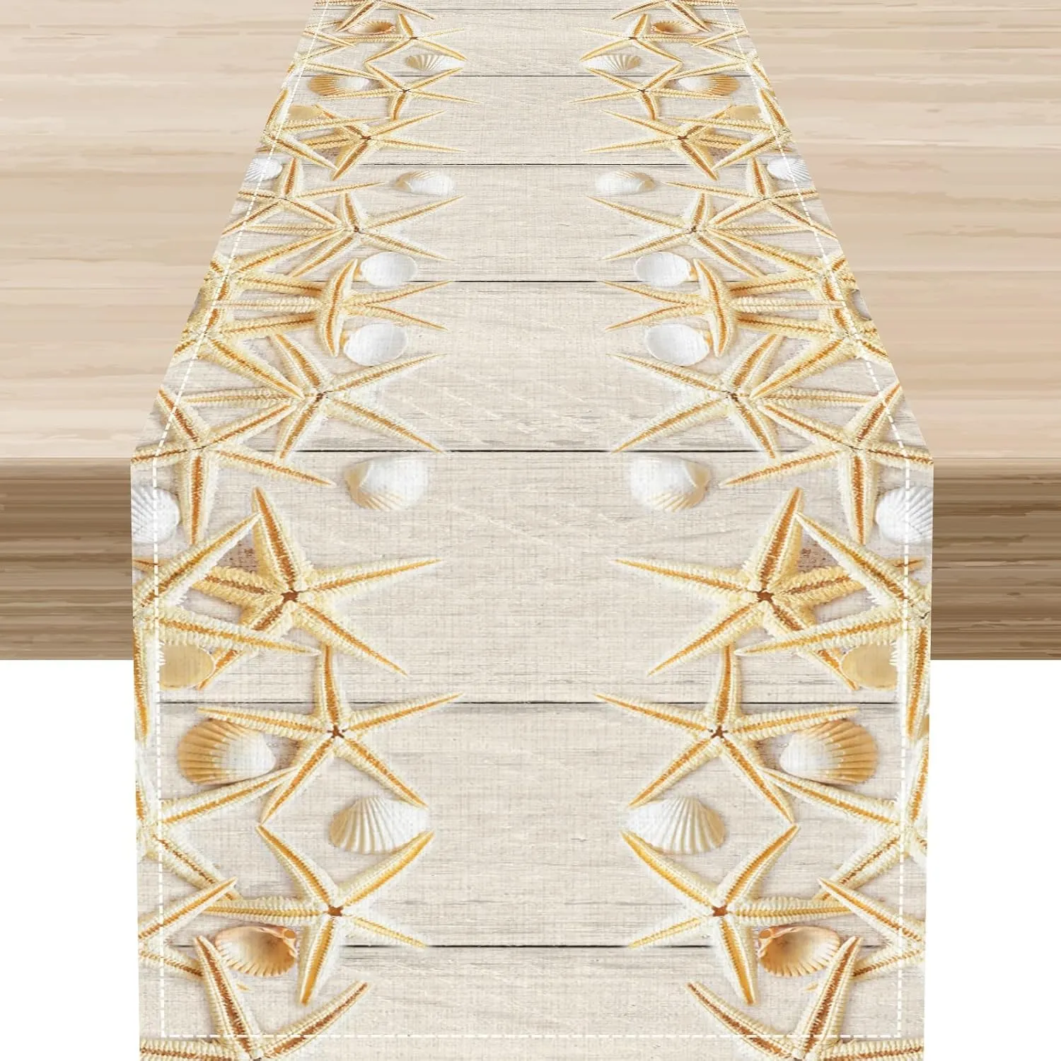 Summer Table Runner, Rustic Wood Plank Beach Starfish Seashells Coastal Nautical Tropical Ocean Farmhouse Table Center Decor for Home Kitchen Dining Patio Indoor Outdoor Decorations, 13"x72" Inch