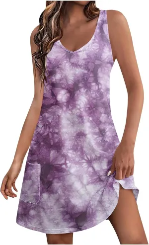 Sundresses for Women A Line Boho Floral Print Dresses Sleeveless Loose Fit Trendy Vintage Beach Dress