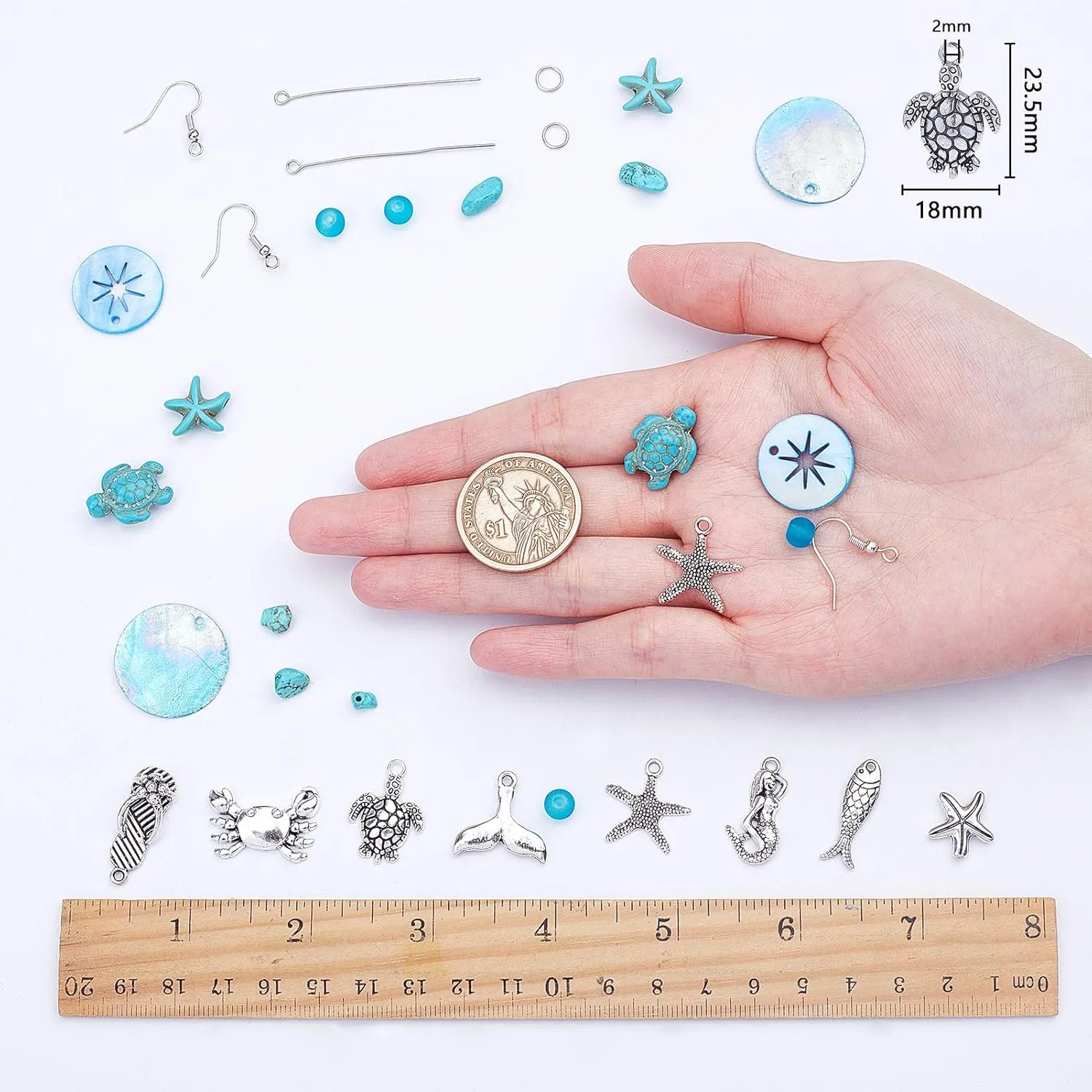 SUNNYCLUE 1 Box DIY 10 Pairs Starfish Mermaid Turquoise Earring Making Starter Kit Ocean Beach Summer Theme Earrings Synthetic Turquoise Beads Turtle Fish Crab Slipper Charm for DIY Jewelry Making