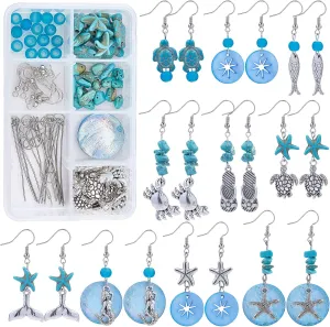SUNNYCLUE 1 Box DIY 10 Pairs Starfish Mermaid Turquoise Earring Making Starter Kit Ocean Beach Summer Theme Earrings Synthetic Turquoise Beads Turtle Fish Crab Slipper Charm for DIY Jewelry Making