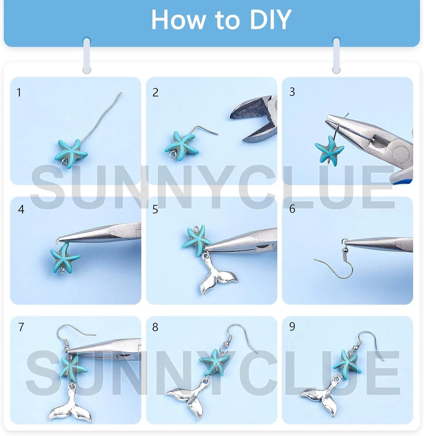 SUNNYCLUE 1 Box DIY 10 Pairs Starfish Mermaid Turquoise Earring Making Starter Kit Ocean Beach Summer Theme Earrings Synthetic Turquoise Beads Turtle Fish Crab Slipper Charm for DIY Jewelry Making