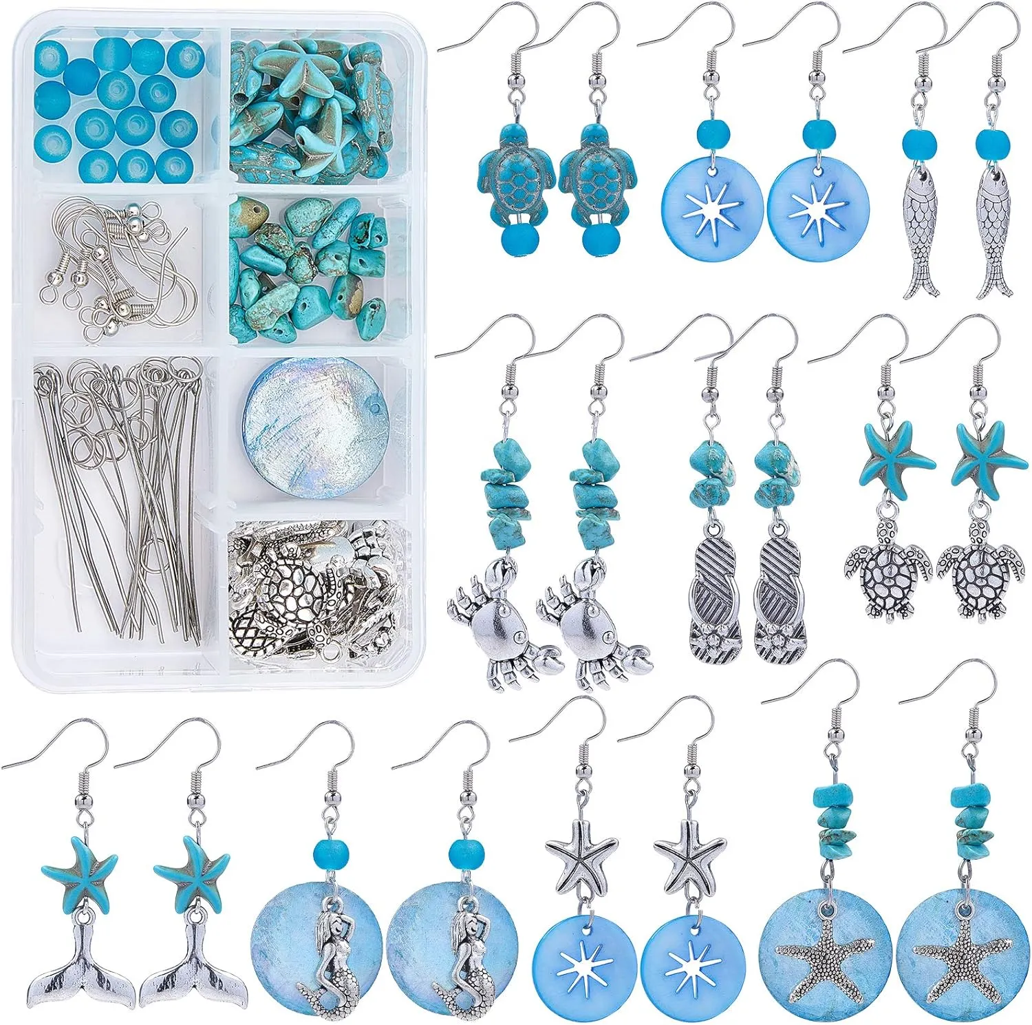 SUNNYCLUE 1 Box DIY 10 Pairs Starfish Mermaid Turquoise Earring Making Starter Kit Ocean Beach Summer Theme Earrings Synthetic Turquoise Beads Turtle Fish Crab Slipper Charm for DIY Jewelry Making