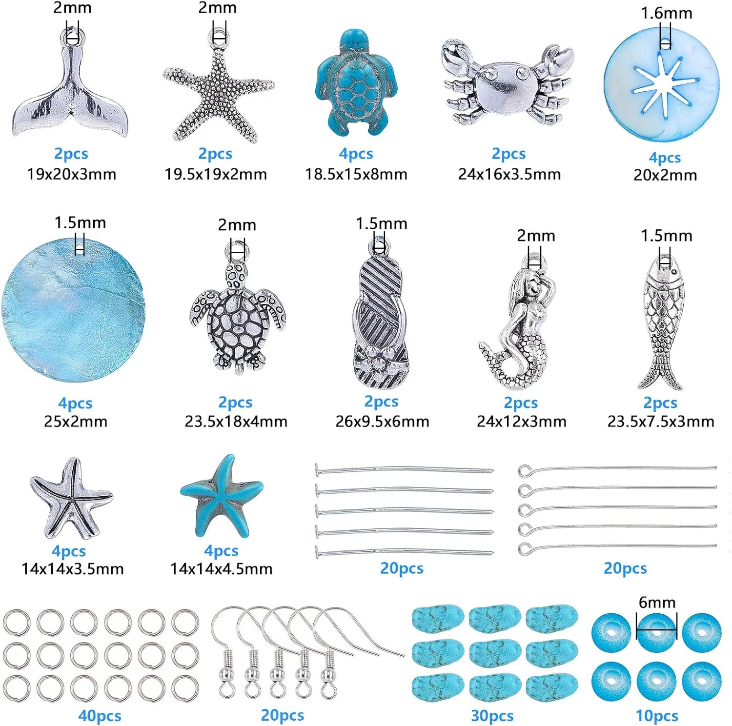 SUNNYCLUE 1 Box DIY 10 Pairs Starfish Mermaid Turquoise Earring Making Starter Kit Ocean Beach Summer Theme Earrings Synthetic Turquoise Beads Turtle Fish Crab Slipper Charm for DIY Jewelry Making