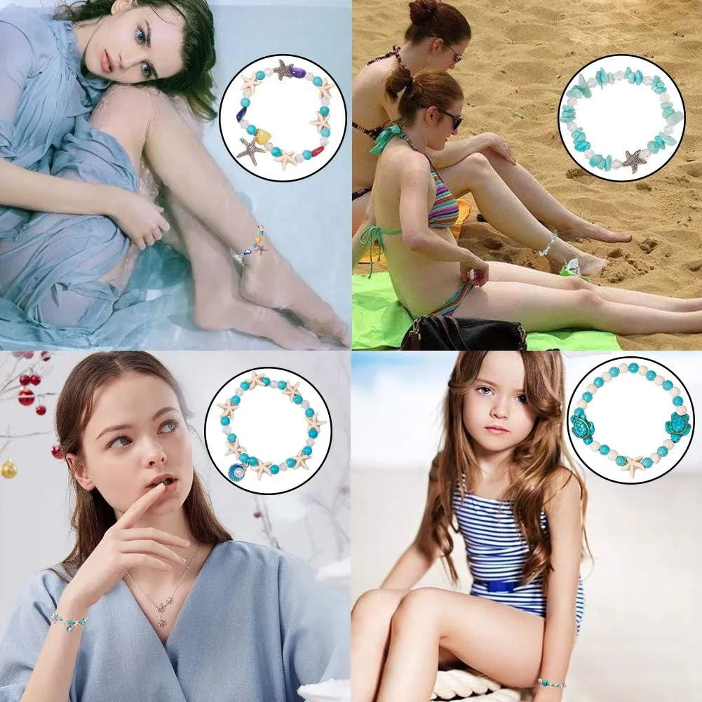 SUNNYCLUE 1 Box DIY 6Pcs Boho Shell Beads Beach Charm Anklet Christmas Bracelet Making Kit Adjustable Starfish Sea Shell Charms Turquoise Turtle Beads Foot Chain Sandal Beads for Jewelry Making Kits