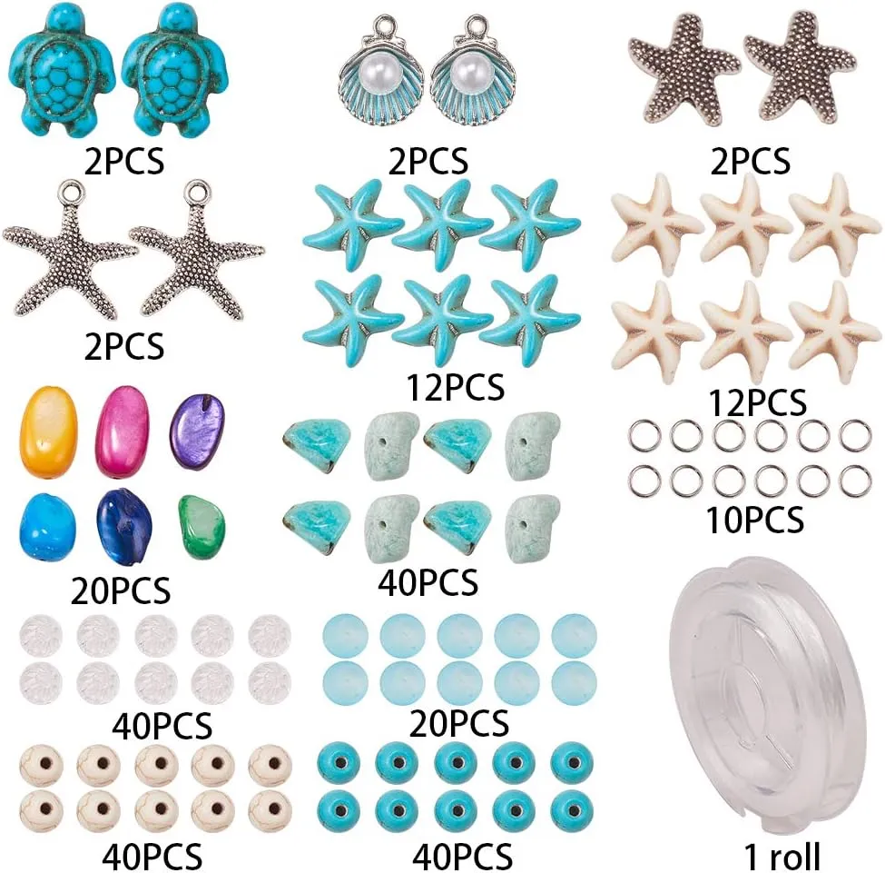 SUNNYCLUE 1 Box DIY 6Pcs Boho Shell Beads Beach Charm Anklet Christmas Bracelet Making Kit Adjustable Starfish Sea Shell Charms Turquoise Turtle Beads Foot Chain Sandal Beads for Jewelry Making Kits