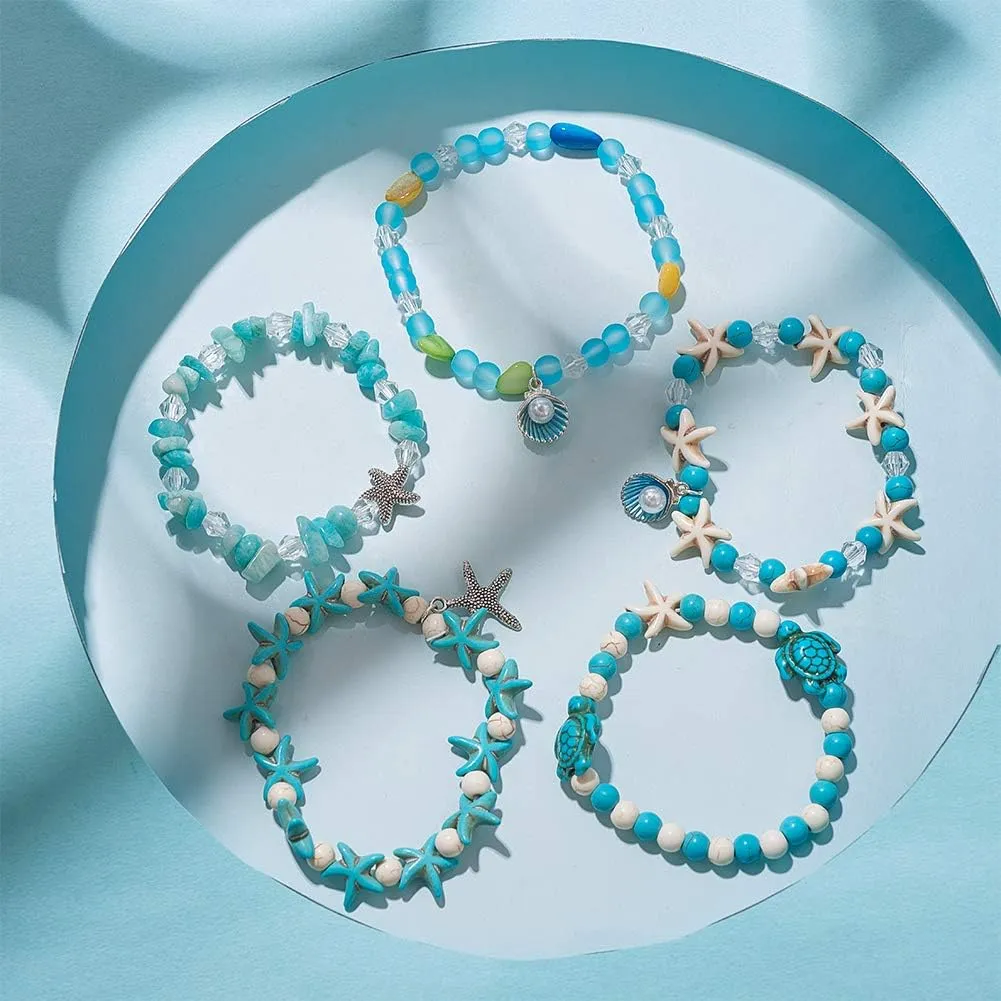 SUNNYCLUE 1 Box DIY 6Pcs Boho Shell Beads Beach Charm Anklet Christmas Bracelet Making Kit Adjustable Starfish Sea Shell Charms Turquoise Turtle Beads Foot Chain Sandal Beads for Jewelry Making Kits