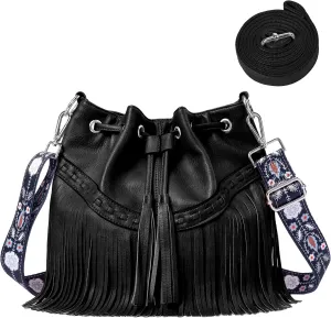 Sunwel Fashion Women Bucket Fringe Hobo Bag Western Purse Vegan Leather Tassel Hippie Shoulder Crossbody Bag