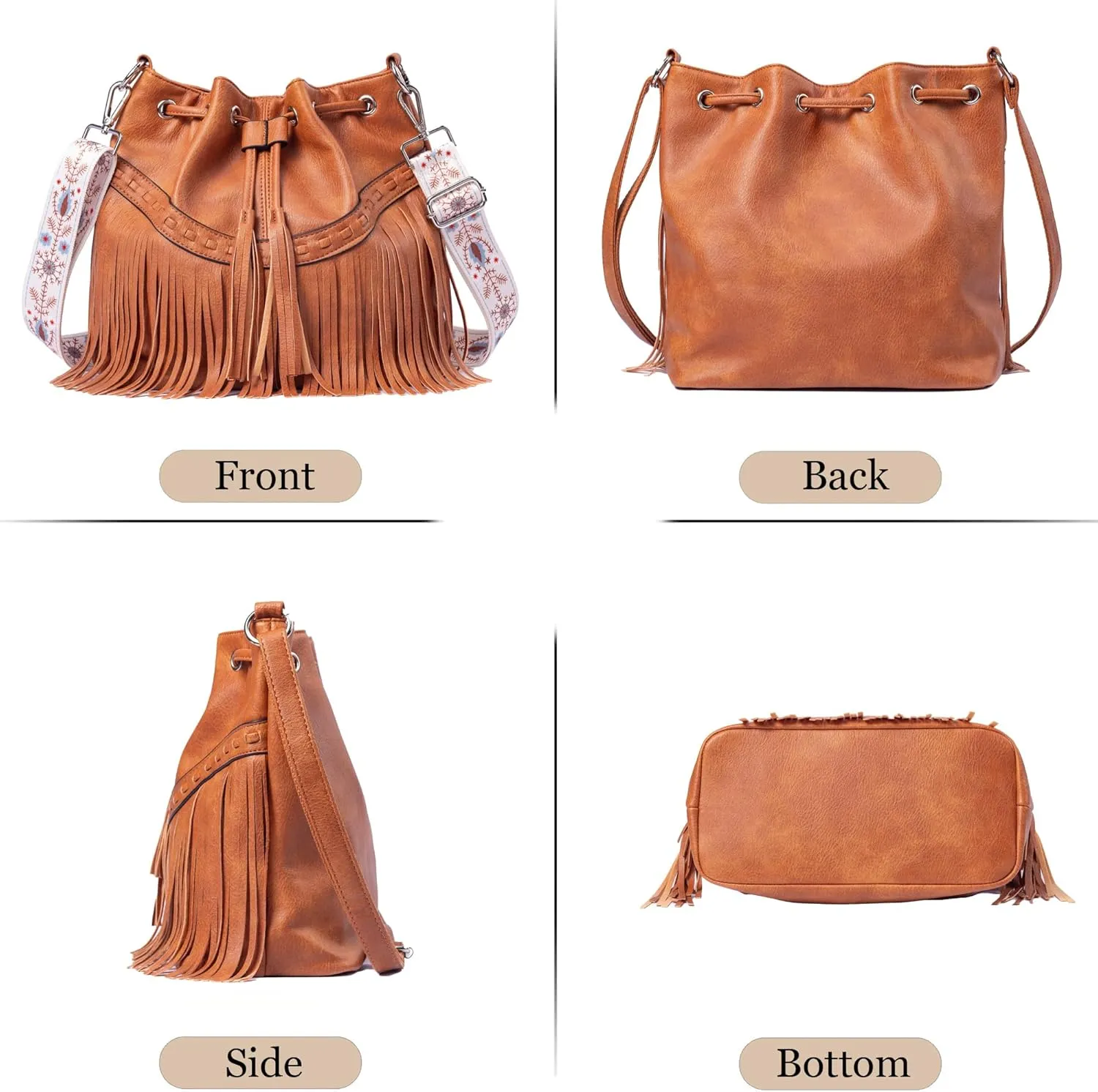 Sunwel Fashion Women Bucket Fringe Hobo Bag Western Purse Vegan Leather Tassel Hippie Shoulder Crossbody Bag