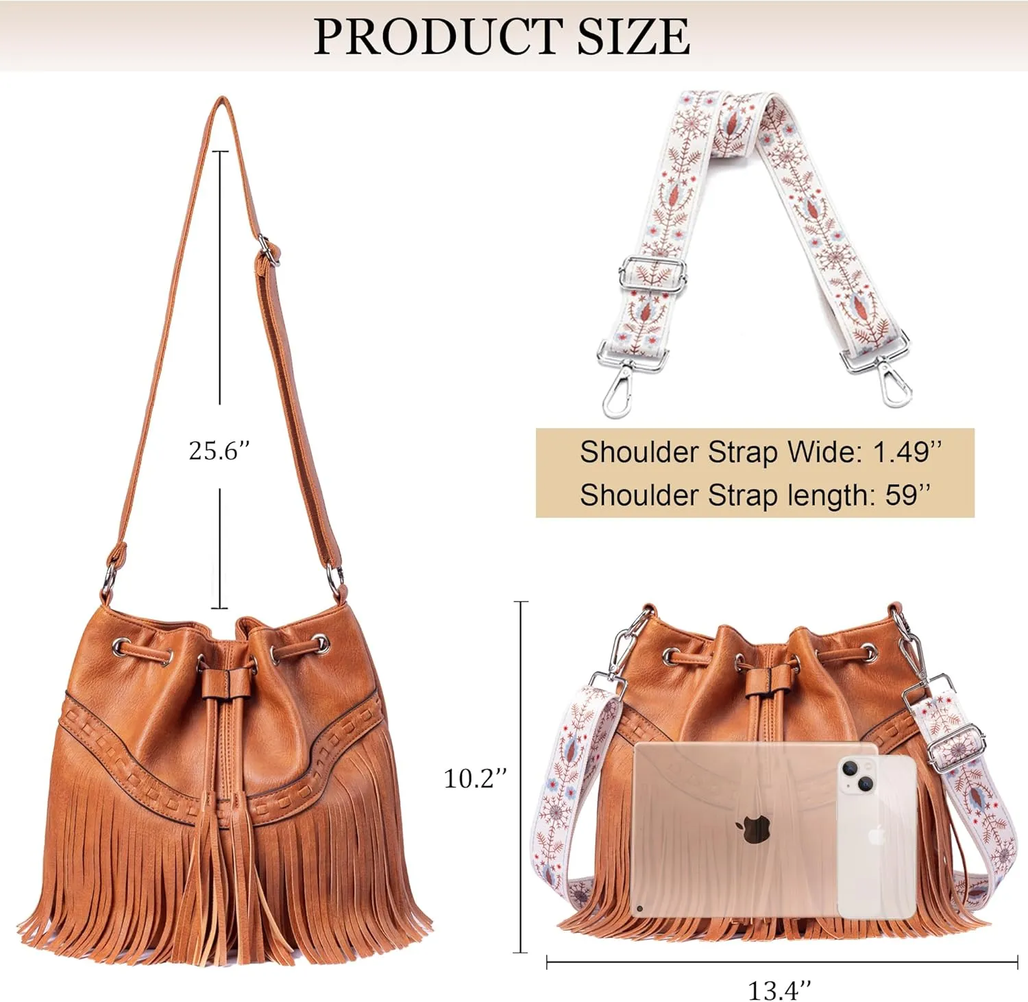 Sunwel Fashion Women Bucket Fringe Hobo Bag Western Purse Vegan Leather Tassel Hippie Shoulder Crossbody Bag