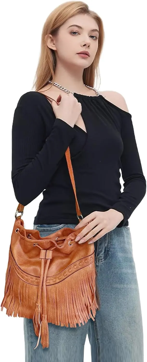 Sunwel Fashion Women Bucket Fringe Hobo Bag Western Purse Vegan Leather Tassel Hippie Shoulder Crossbody Bag