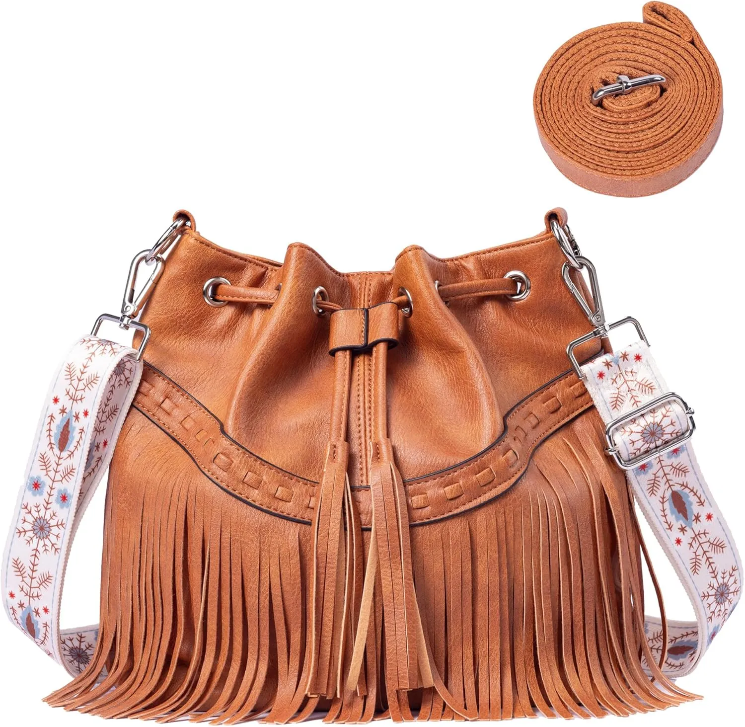 Sunwel Fashion Women Bucket Fringe Hobo Bag Western Purse Vegan Leather Tassel Hippie Shoulder Crossbody Bag