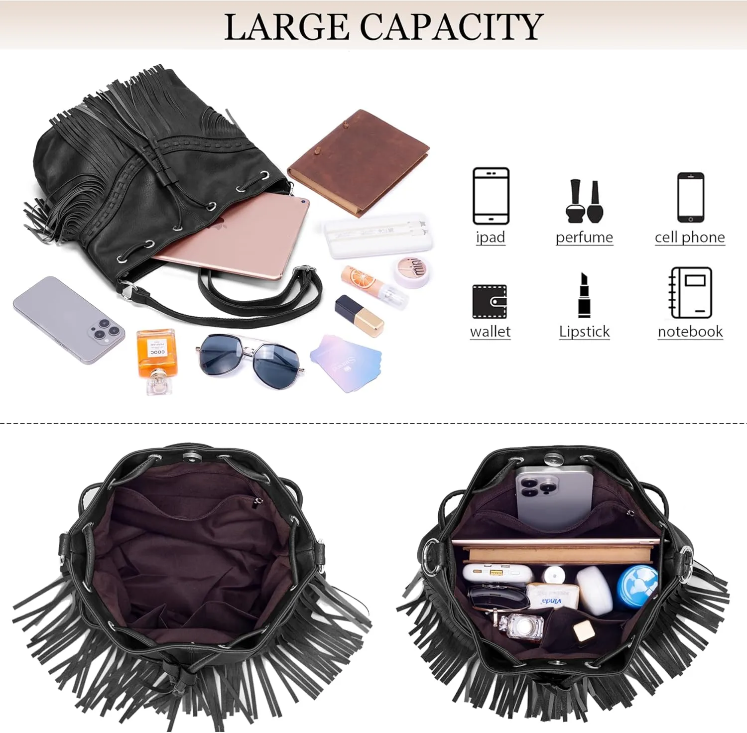 Sunwel Fashion Women Bucket Fringe Hobo Bag Western Purse Vegan Leather Tassel Hippie Shoulder Crossbody Bag
