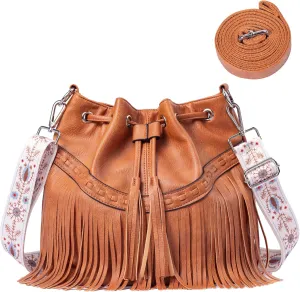 Sunwel Fashion Women Bucket Fringe Hobo Bag Western Purse Vegan Leather Tassel Hippie Shoulder Crossbody Bag