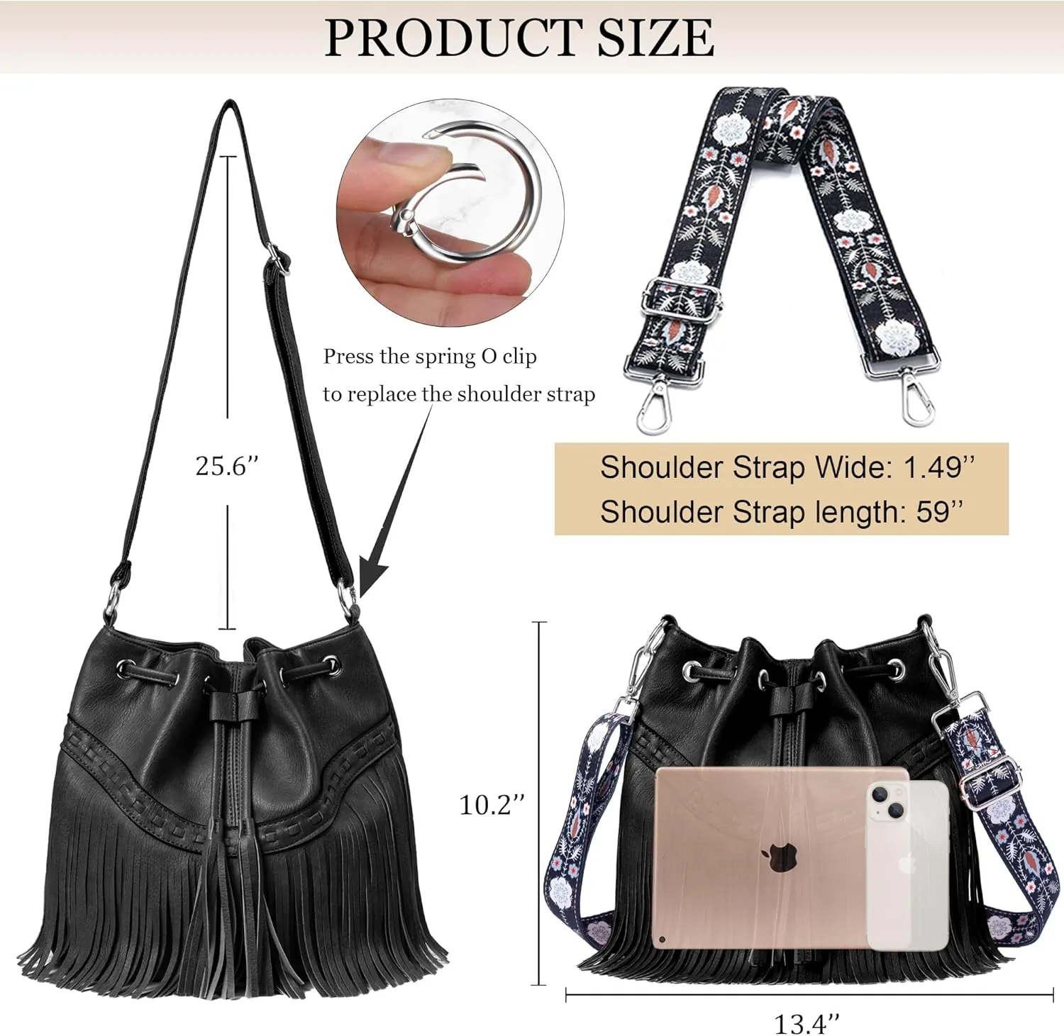 Sunwel Fashion Women Bucket Fringe Hobo Bag Western Purse Vegan Leather Tassel Hippie Shoulder Crossbody Bag