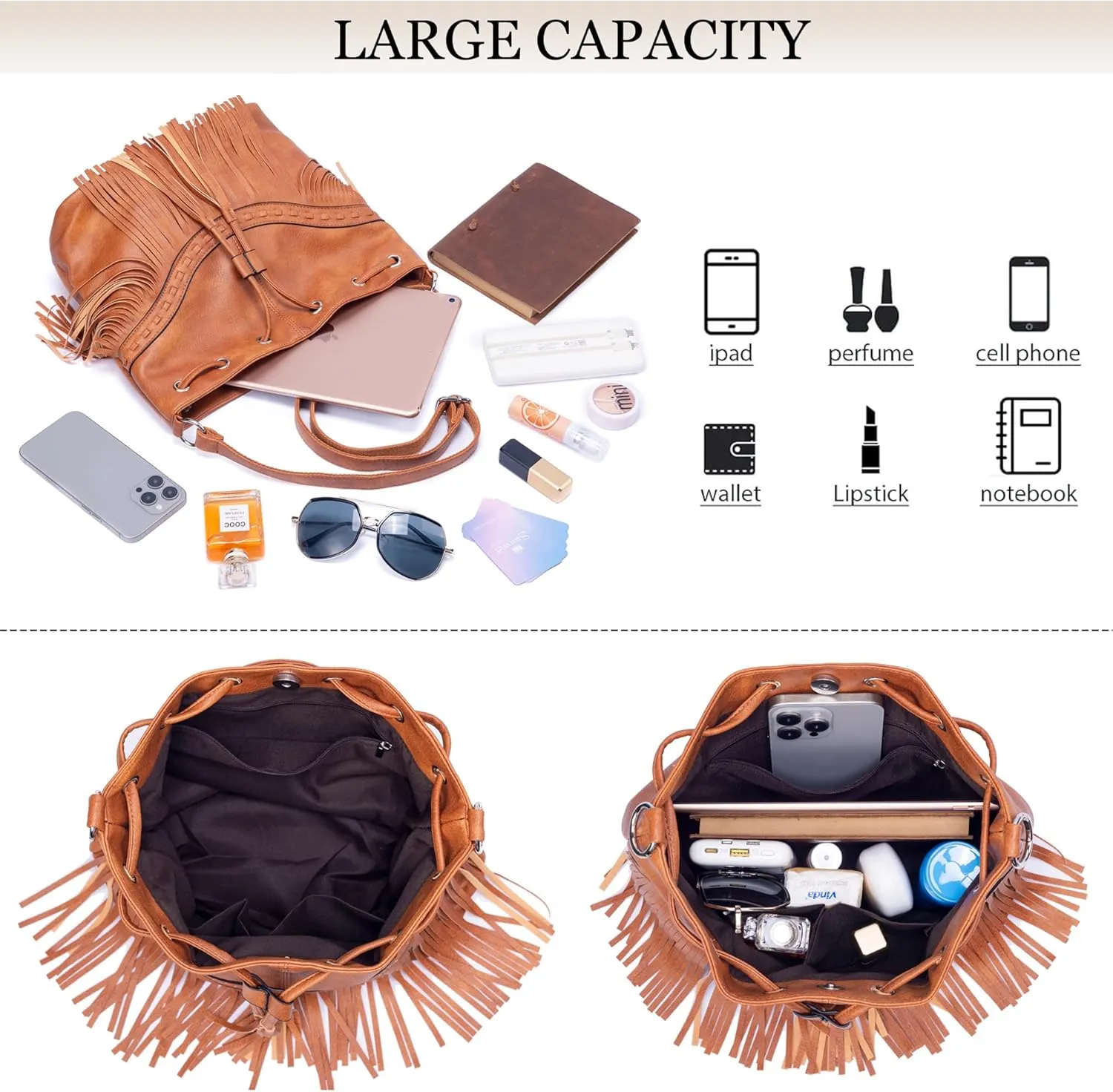 Sunwel Fashion Women Bucket Fringe Hobo Bag Western Purse Vegan Leather Tassel Hippie Shoulder Crossbody Bag