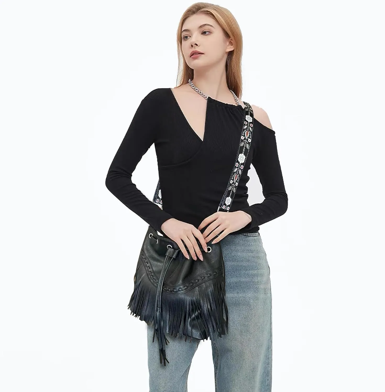 Sunwel Fashion Women Bucket Fringe Hobo Bag Western Purse Vegan Leather Tassel Hippie Shoulder Crossbody Bag