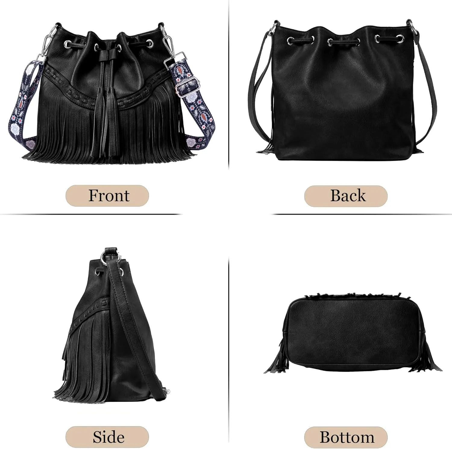 Sunwel Fashion Women Bucket Fringe Hobo Bag Western Purse Vegan Leather Tassel Hippie Shoulder Crossbody Bag