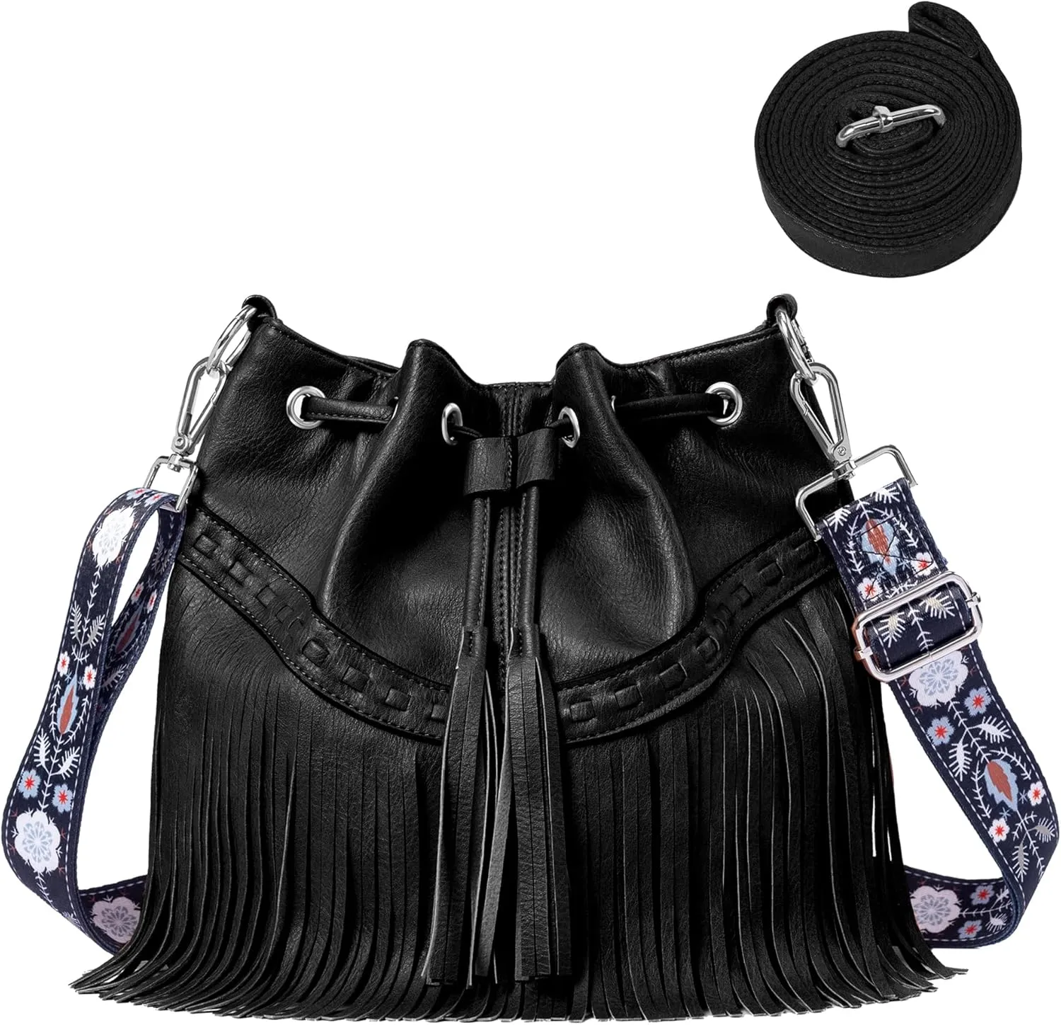 Sunwel Fashion Women Bucket Fringe Hobo Bag Western Purse Vegan Leather Tassel Hippie Shoulder Crossbody Bag