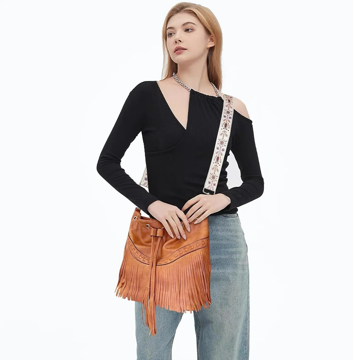 Sunwel Fashion Women Bucket Fringe Hobo Bag Western Purse Vegan Leather Tassel Hippie Shoulder Crossbody Bag