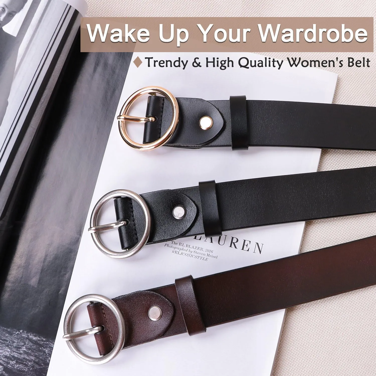SUOSDEY Fashion Women Leather Belt for Dresses Jeans Pants With Classic Round Buckle