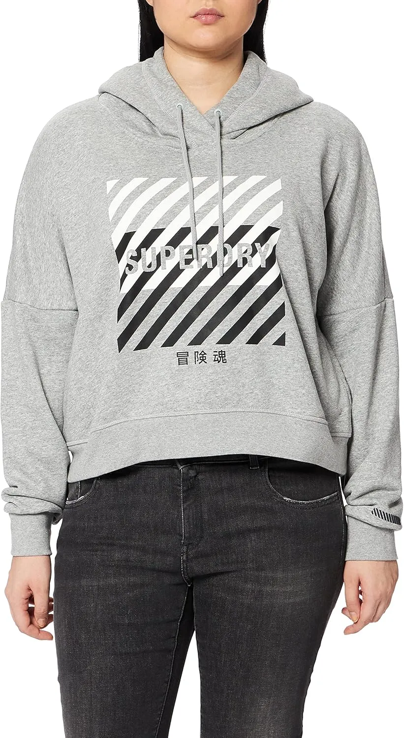 Superdry Womens Training Core Sport Crop Hoodie, Relaxed Fit, Cropped Design Grey Marl Size 10