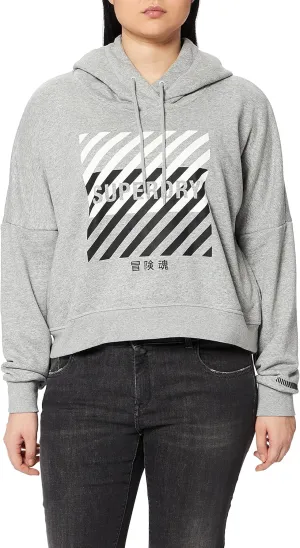 Superdry Womens Training Core Sport Crop Hoodie, Relaxed Fit, Cropped Design Grey Marl Size 10