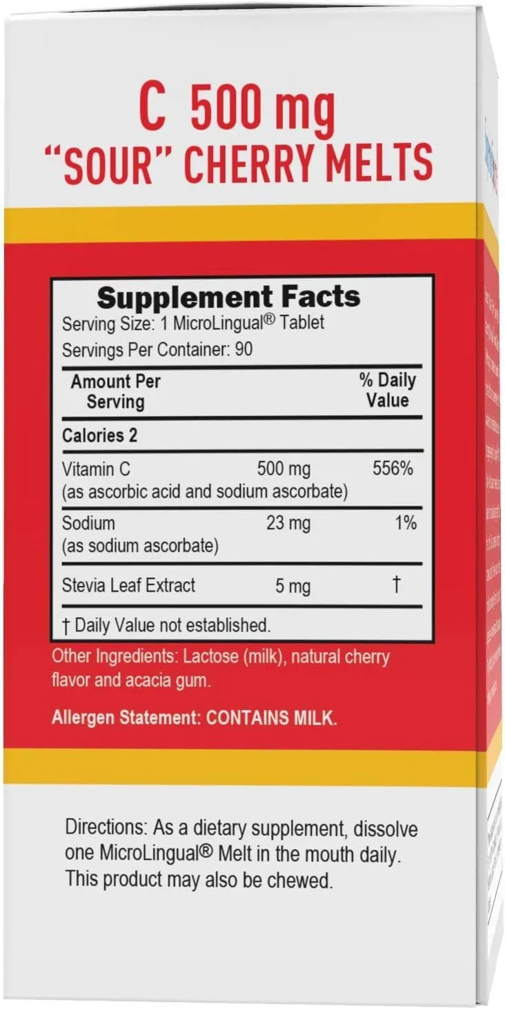 Superior Source Vitamin C 500 mg ?Sour? Cherry Melts - Daily Vitamin Supplement Supports Immune Health - Vitamin C Formula Aids Cell Health - 90 Sublingual Dissolving Tablets