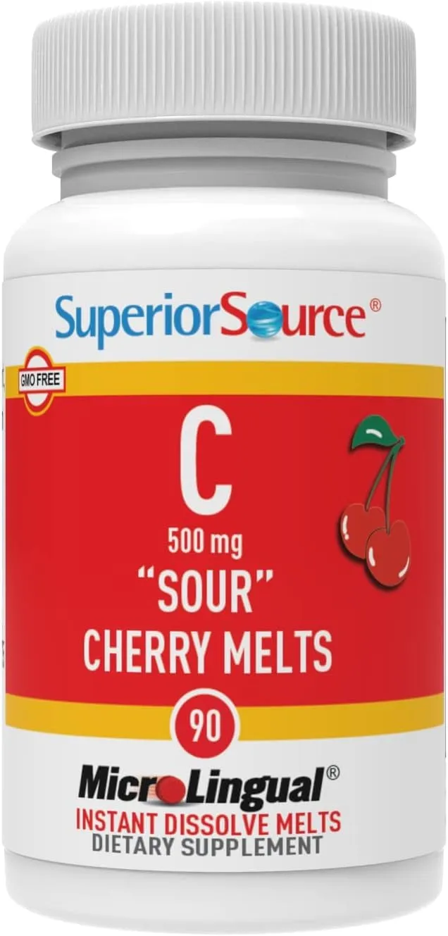 Superior Source Vitamin C 500 mg ?Sour? Cherry Melts - Daily Vitamin Supplement Supports Immune Health - Vitamin C Formula Aids Cell Health - 90 Sublingual Dissolving Tablets