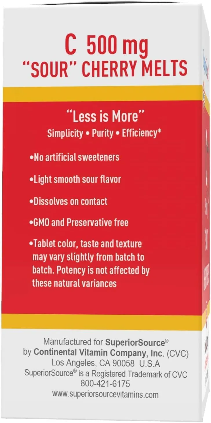 Superior Source Vitamin C 500 mg ?Sour? Cherry Melts - Daily Vitamin Supplement Supports Immune Health - Vitamin C Formula Aids Cell Health - 90 Sublingual Dissolving Tablets