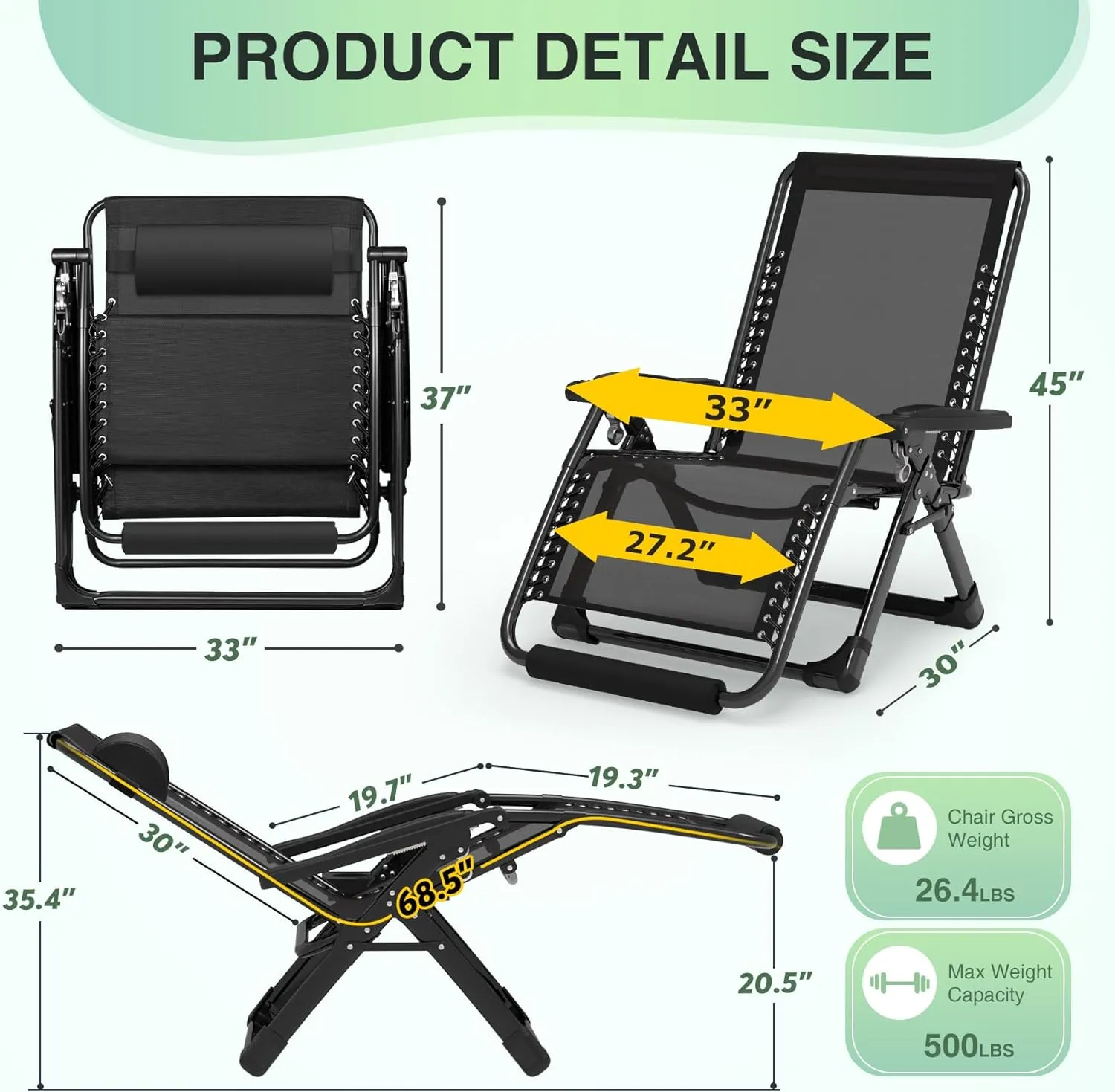 Suteck Oversized Zero Gravity Chair,33In XXL Lounge Chair w/Removable Cushion&Headrest, Reclining Camping Chair w/Upgraded Lock and Footrest, Reclining Patio Chairs Recliner for Indoor Outdoor,500LBS