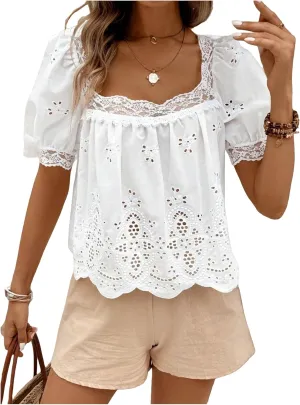 SweatyRocks Women's Square Neck Puff Sleeve Eyelet Lace Hollow Out Embroidered Top Blouse