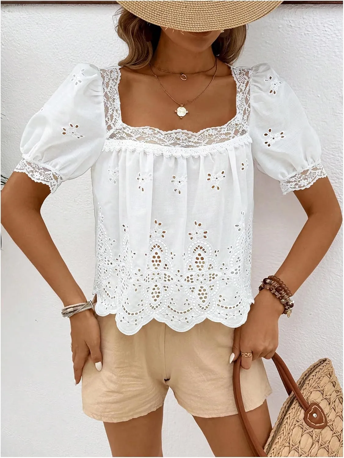 SweatyRocks Women's Square Neck Puff Sleeve Eyelet Lace Hollow Out Embroidered Top Blouse