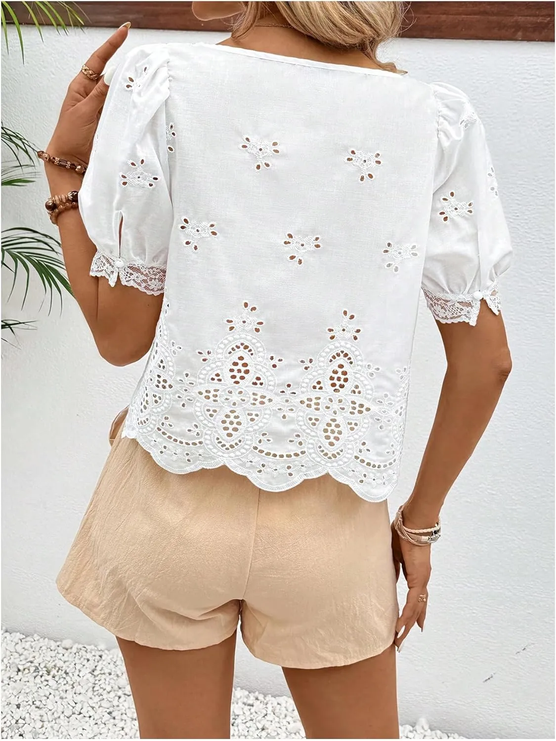 SweatyRocks Women's Square Neck Puff Sleeve Eyelet Lace Hollow Out Embroidered Top Blouse