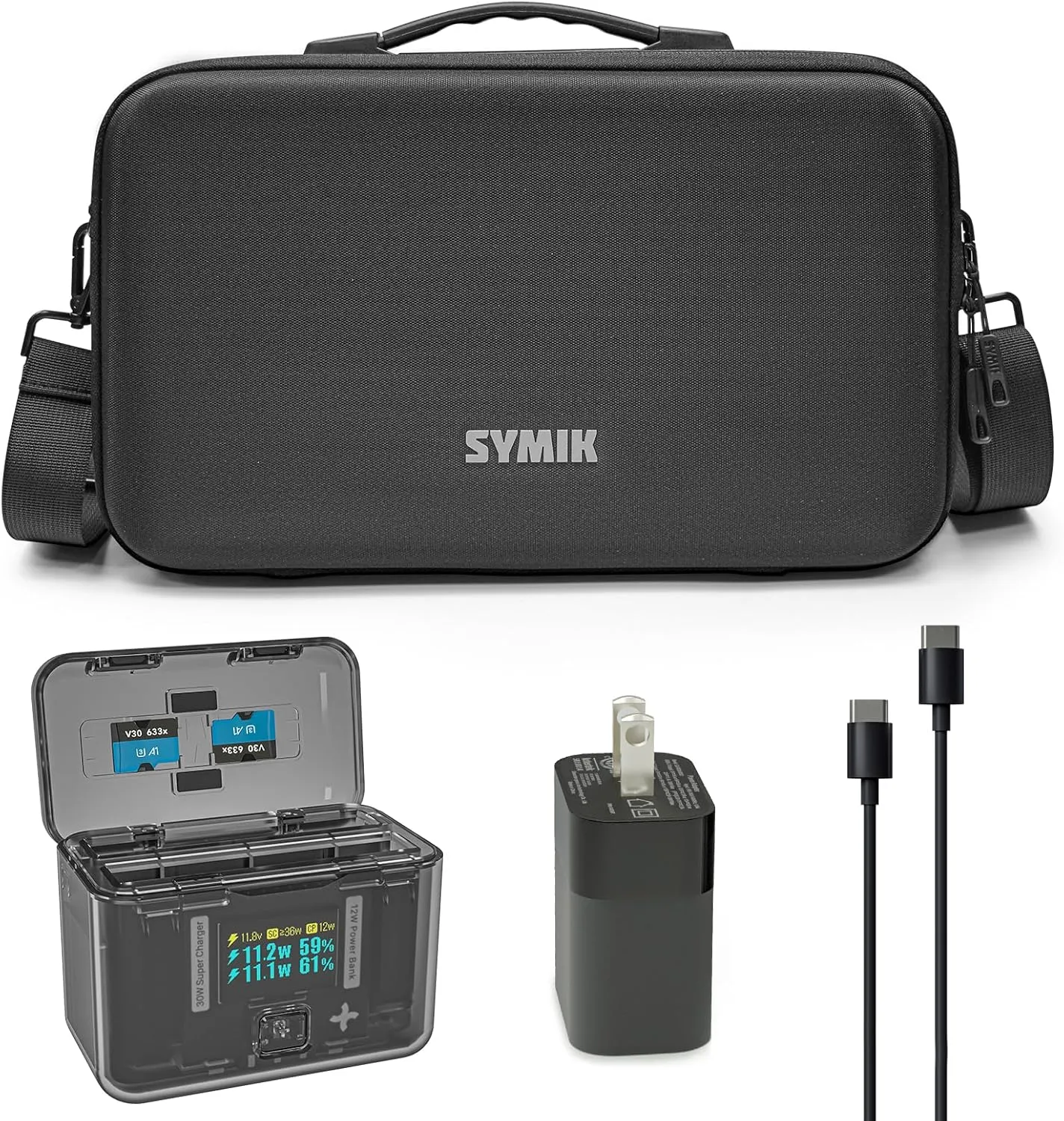 SYMIK Fast Charge Hub & Carry Case for Insta360 X4 Bundle with 30W PD GaN Power Adapter & Cable, OLED Screen Intelligent Two Way Charging Case, Storage Bag w/Shoulder Strap for Insta360 X4 Accessory