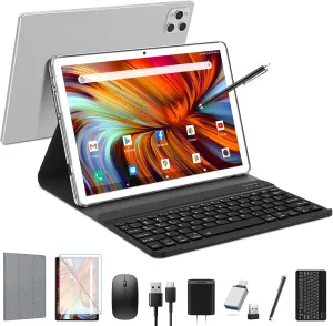 Tablet 10 inch 2025 Latest Android 13 Tablet 128GB ROM 16GB RAM 1TB Expandable Octa-Core 5G WiFi 1080FHD/13MPCamera/7000mAh/Bluetooth 5.0/GPS/Tab with Keyboard/OTG/Mouse/Pen Silver