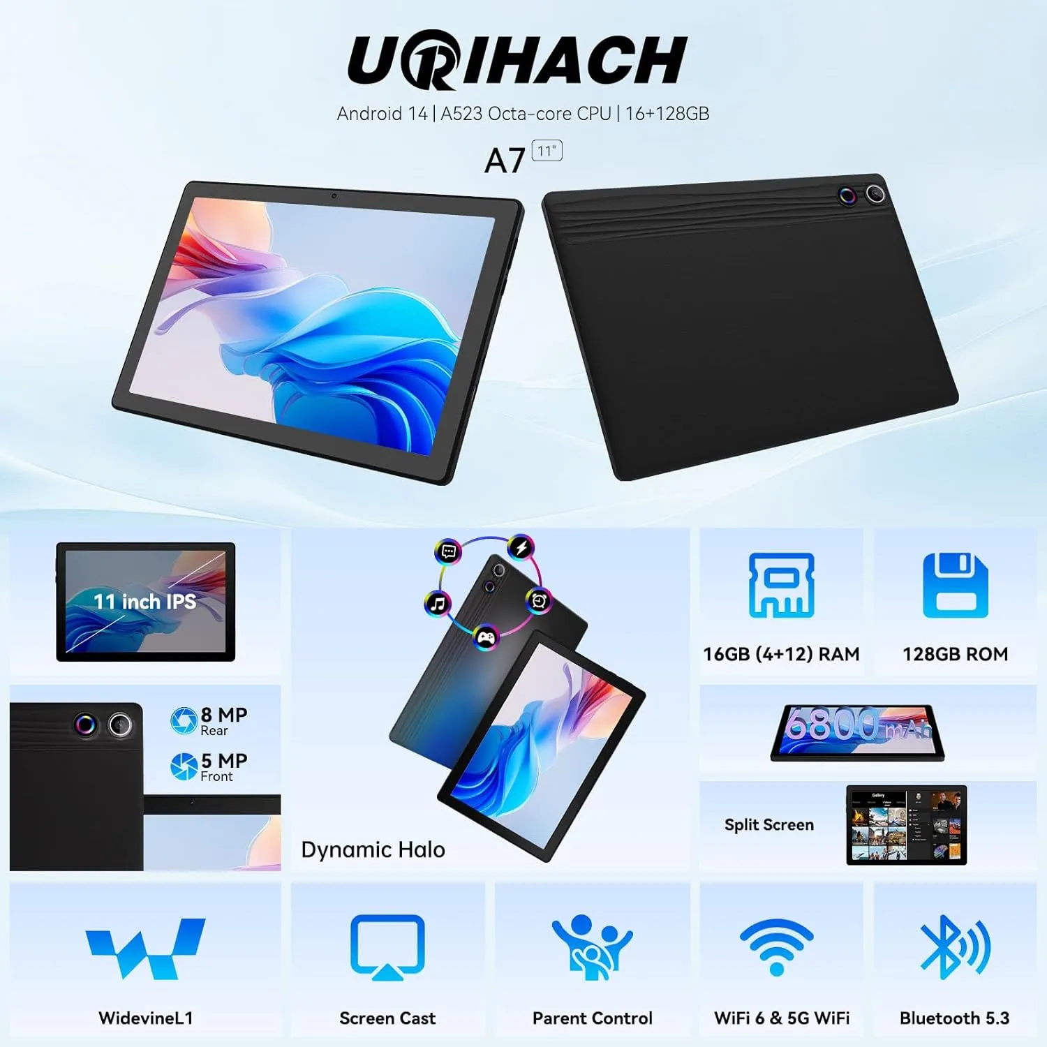 Tablet, Android Tablet, 16GB RAM 128GB ROM 1TB Expansion, 8-Core Processor, Android 14 ,11 inch 1280x800 FHD Touch Screen, Widevine L1, Dynamic Halo, Dual Camera, WiFi6,BT5.3, 6800mAh Battery,Black