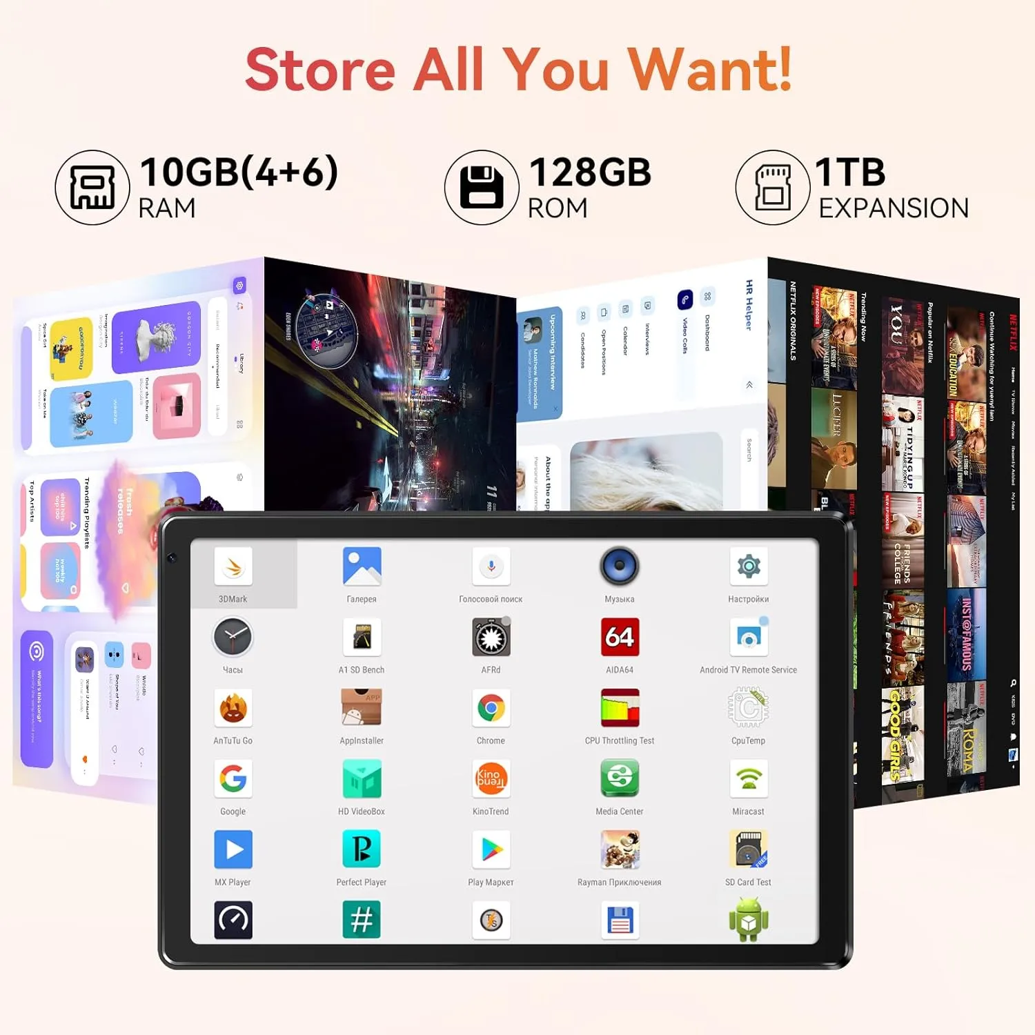 Tablet,10.1" Android Tablet with Octa-core Processor 10GB RAM 128GB ROM HD IPS Touchscreen 8H Battery, Wi-Fi 6, BT 5.0, Dual Camera, Google Tablets 2025