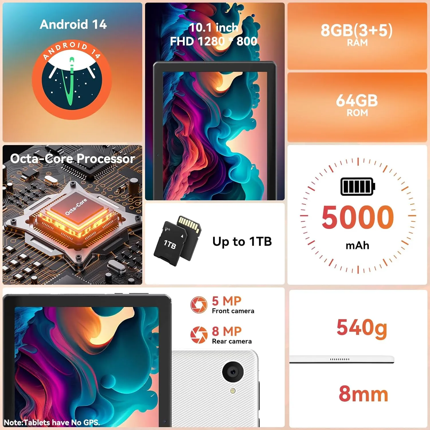 Tablet,10.1" Android Tablet with Octa-core Processor 8GB RAM 64GB ROM HD IPS Touchscreen 8H Battery, Wi-Fi 6, BT 5.0, Dual Camera, Tablets 2025