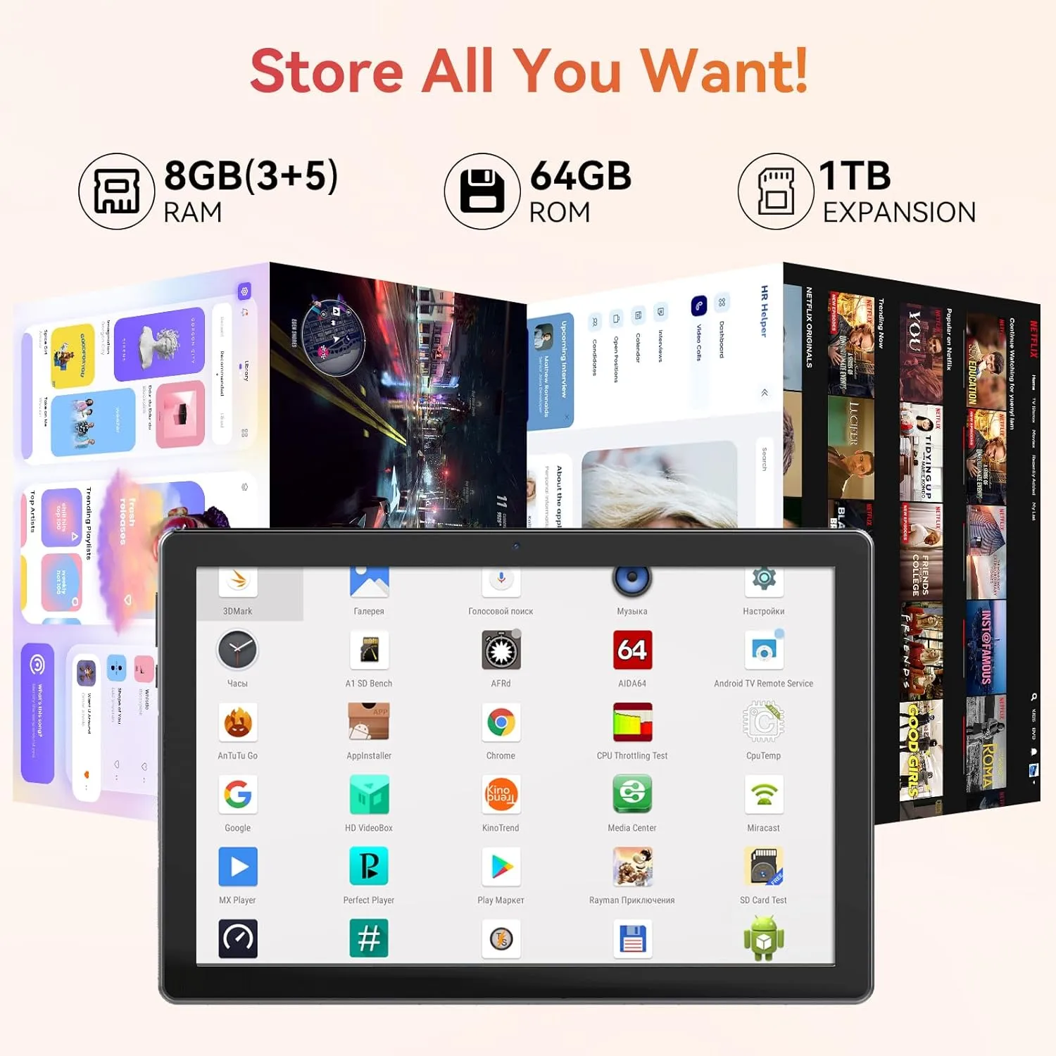 Tablet,10.1" Android Tablet with Octa-core Processor 8GB RAM 64GB ROM HD IPS Touchscreen 8H Battery, Wi-Fi 6, BT 5.0, Dual Camera, Tablets 2025