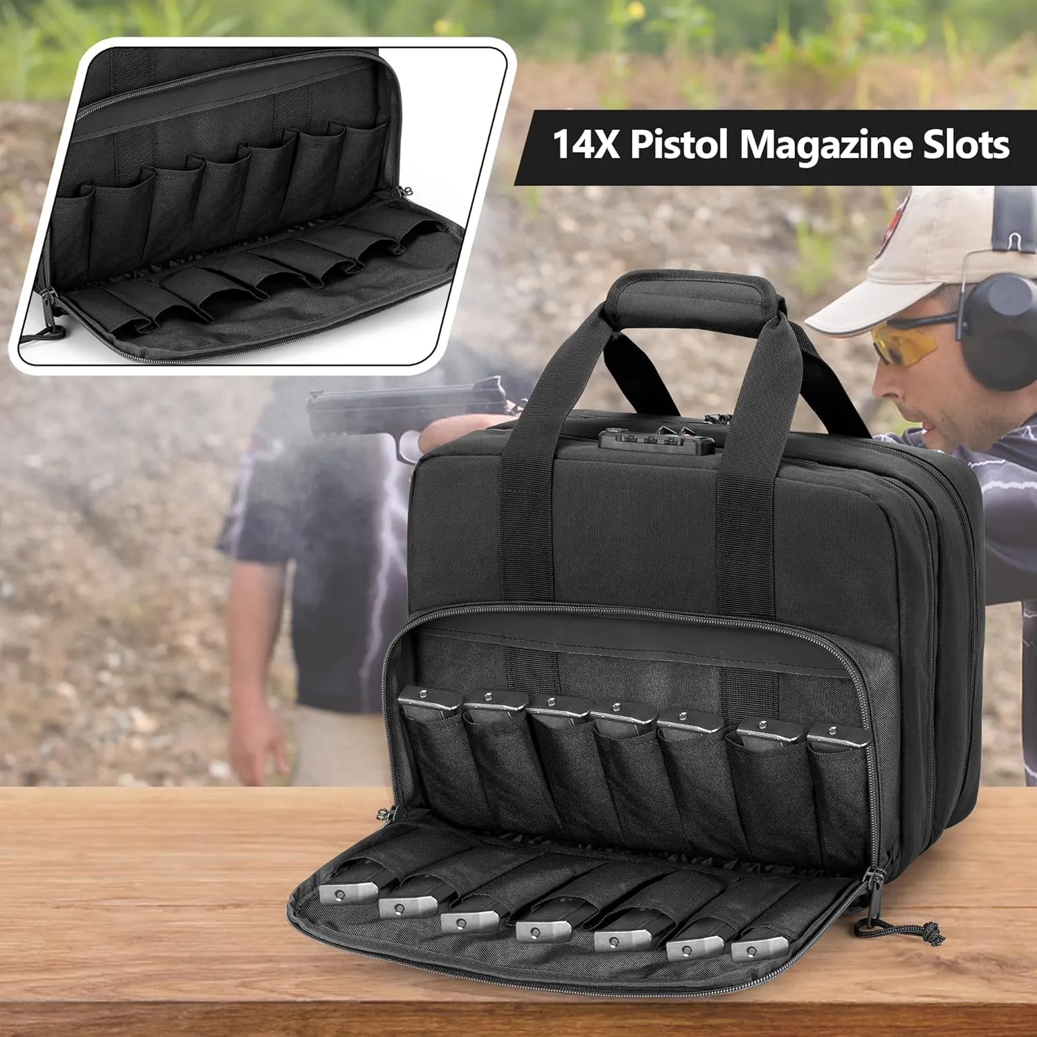 Tactical Gun Range Bag for 4 Handguns and Ammo, Pistol Duffle Bag with TSA Lock and 14x Magazine Slots for Hunting Shooting Range Sport