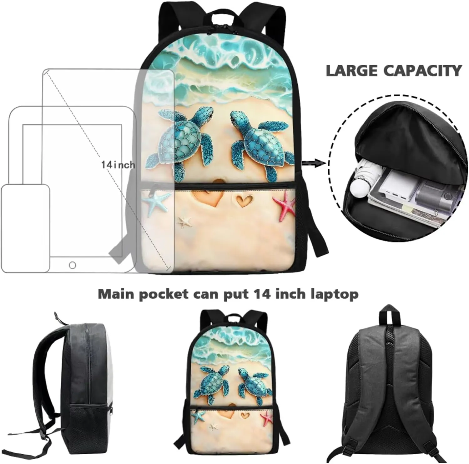 Talayituse Beach Turtle Heart Starfish Print School Backpack Set for Boys Teens 3 Pack Lightweight Bookbag Travel Daypack with Lunch Bag and Pencil Case for Kids Teens