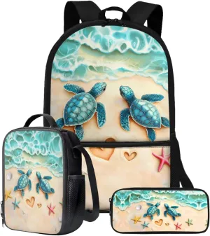 Talayituse Beach Turtle Heart Starfish Print School Backpack Set for Boys Teens 3 Pack Lightweight Bookbag Travel Daypack with Lunch Bag and Pencil Case for Kids Teens