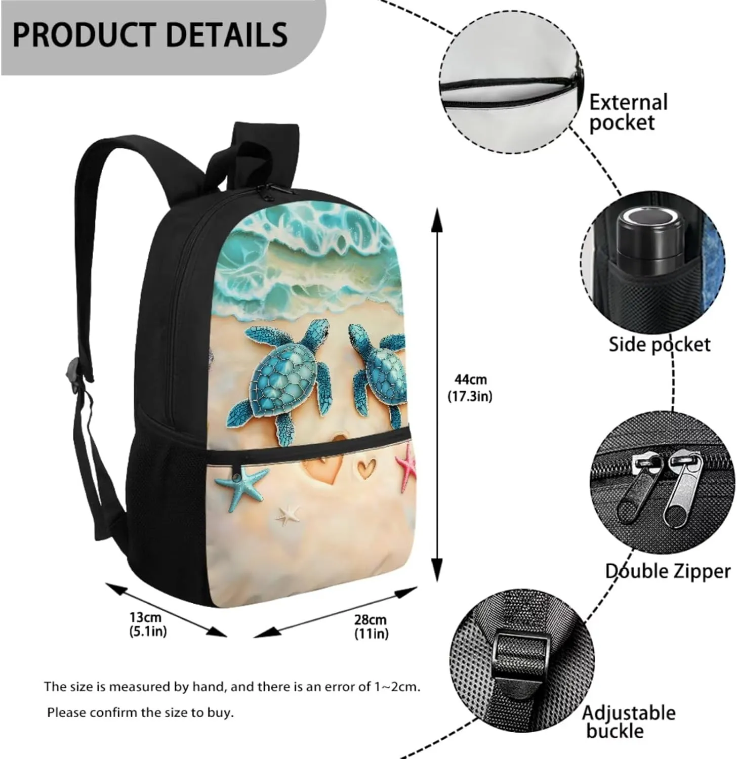 Talayituse Beach Turtle Heart Starfish Print School Backpack Set for Boys Teens 3 Pack Lightweight Bookbag Travel Daypack with Lunch Bag and Pencil Case for Kids Teens