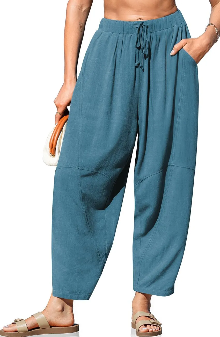 TARSE Women's Linen Harem Pants Casual Loose Fit Wide Leg Cropped Lightweight Drawstring Elastic Waist Pants with Pockets