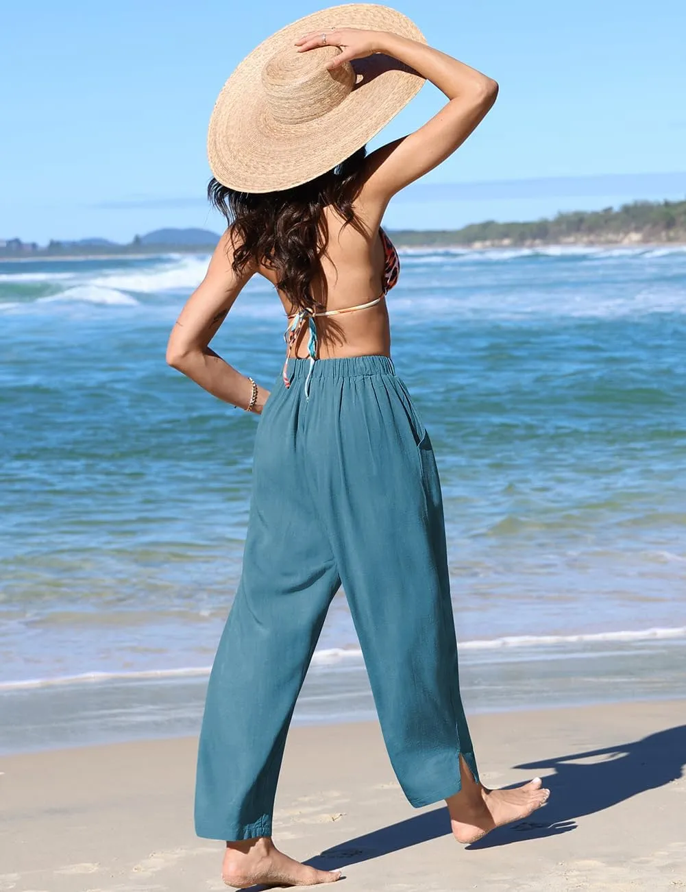 TARSE Women's Linen Harem Pants Casual Loose Fit Wide Leg Cropped Lightweight Drawstring Elastic Waist Pants with Pockets