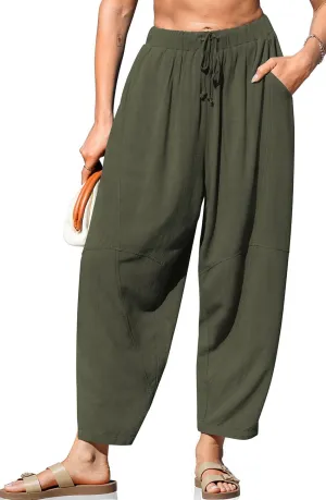 TARSE Women's Linen Harem Pants Casual Loose Fit Wide Leg Cropped Lightweight Drawstring Elastic Waist Pants with Pockets