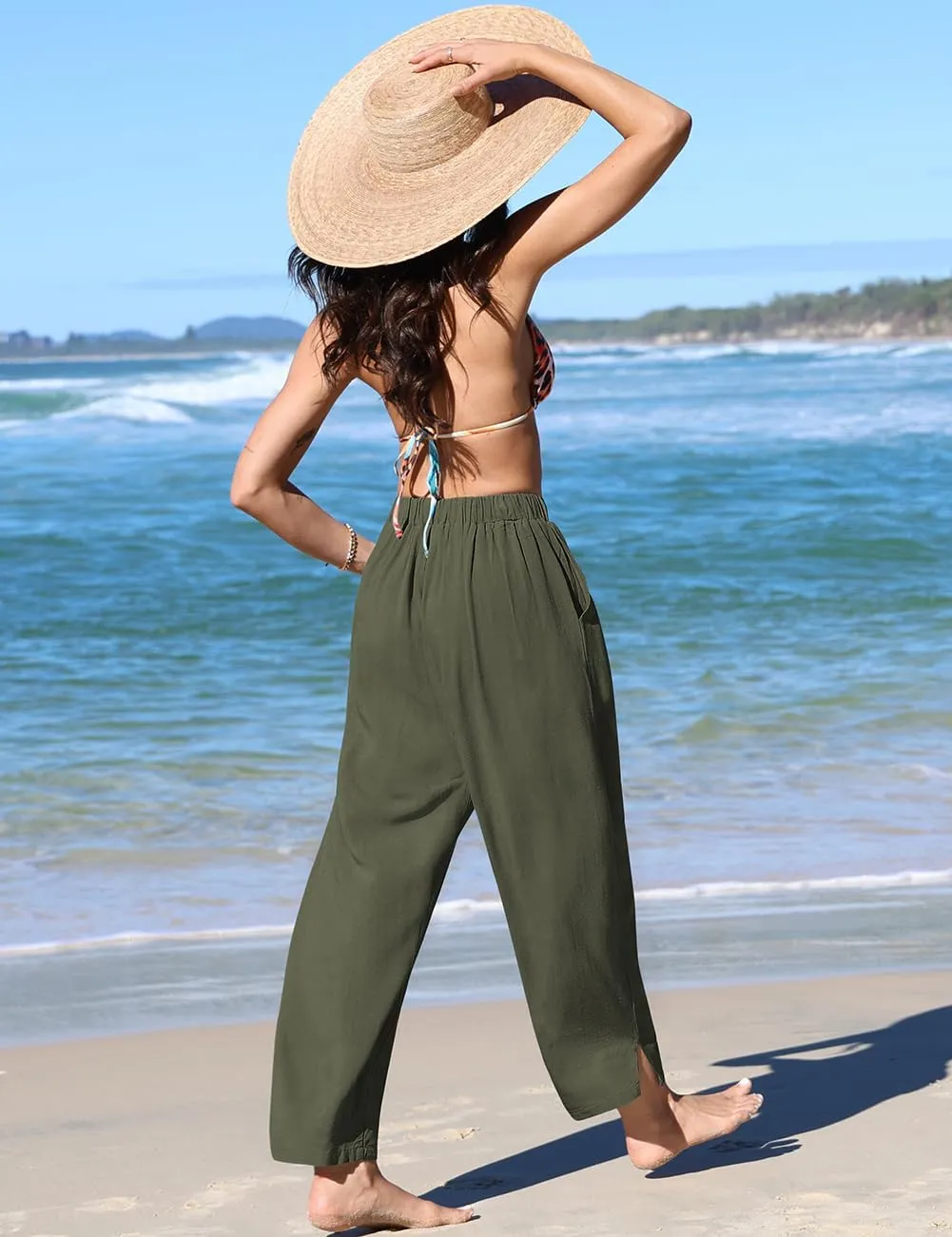 TARSE Women's Linen Harem Pants Casual Loose Fit Wide Leg Cropped Lightweight Drawstring Elastic Waist Pants with Pockets