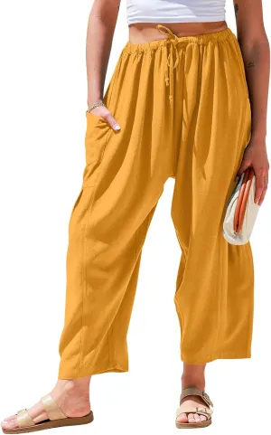 TARSE Womens Linen Wide Leg Pants Casual Loose Drawstring Summer Beach Travel Vacation Palazzo Harem Pants with Pockets